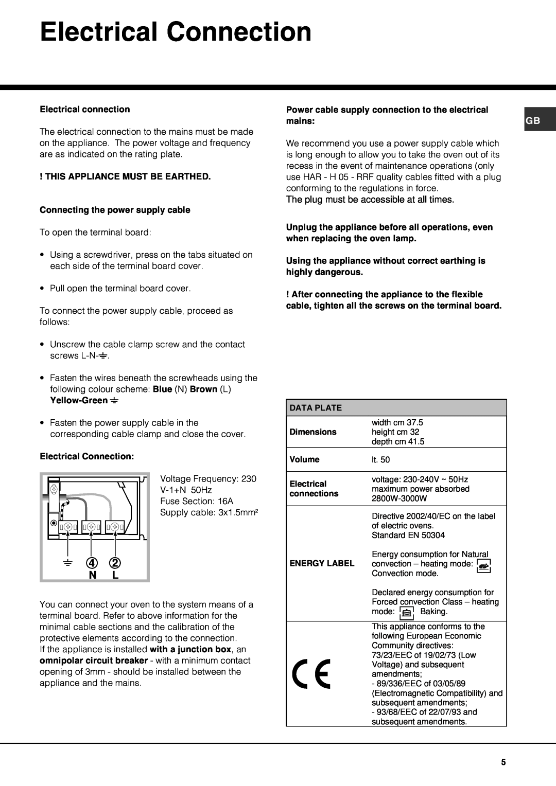 Hotpoint SE861X manual Electrical Connection, 4 2 N L 