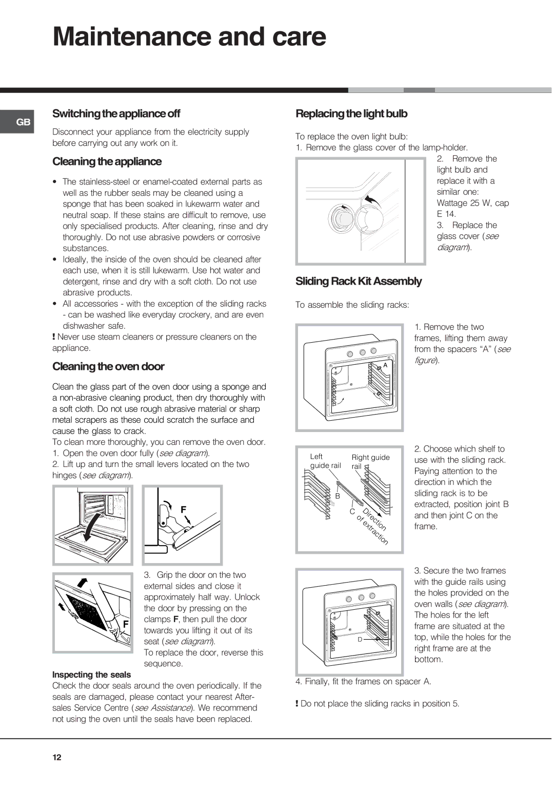 Hotpoint SE861X/1 manual Maintenance and care 