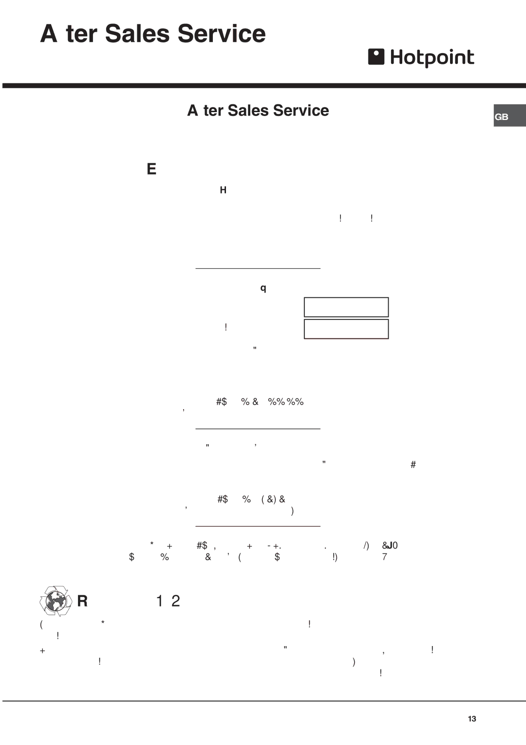 Hotpoint SE861X/1 manual After Sales Service 