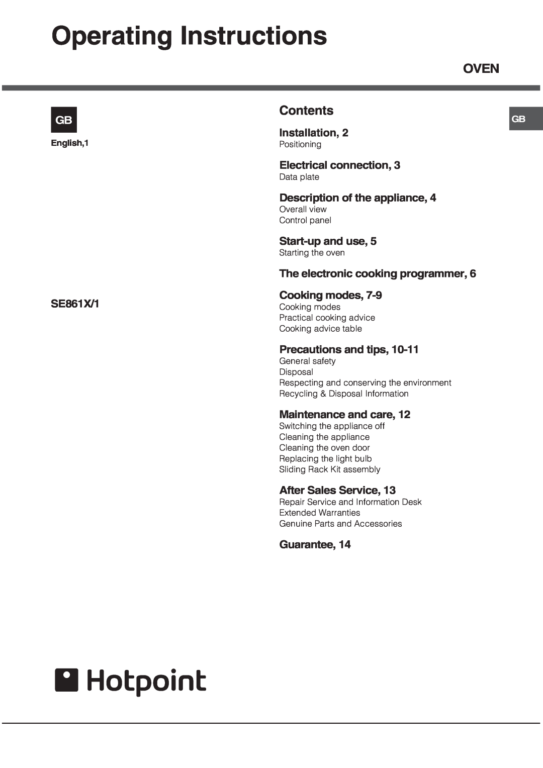 Hotpoint SE861X/1 manual Operating Instructions, OVEN Contents 
