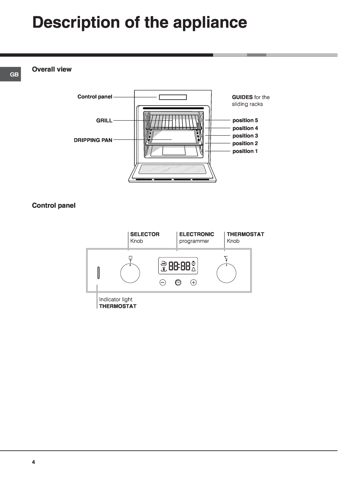 Hotpoint SE861X/1 manual Description of the appliance, Overall view, Control panel GRILL DRIPPING PAN, GUIDES for the 