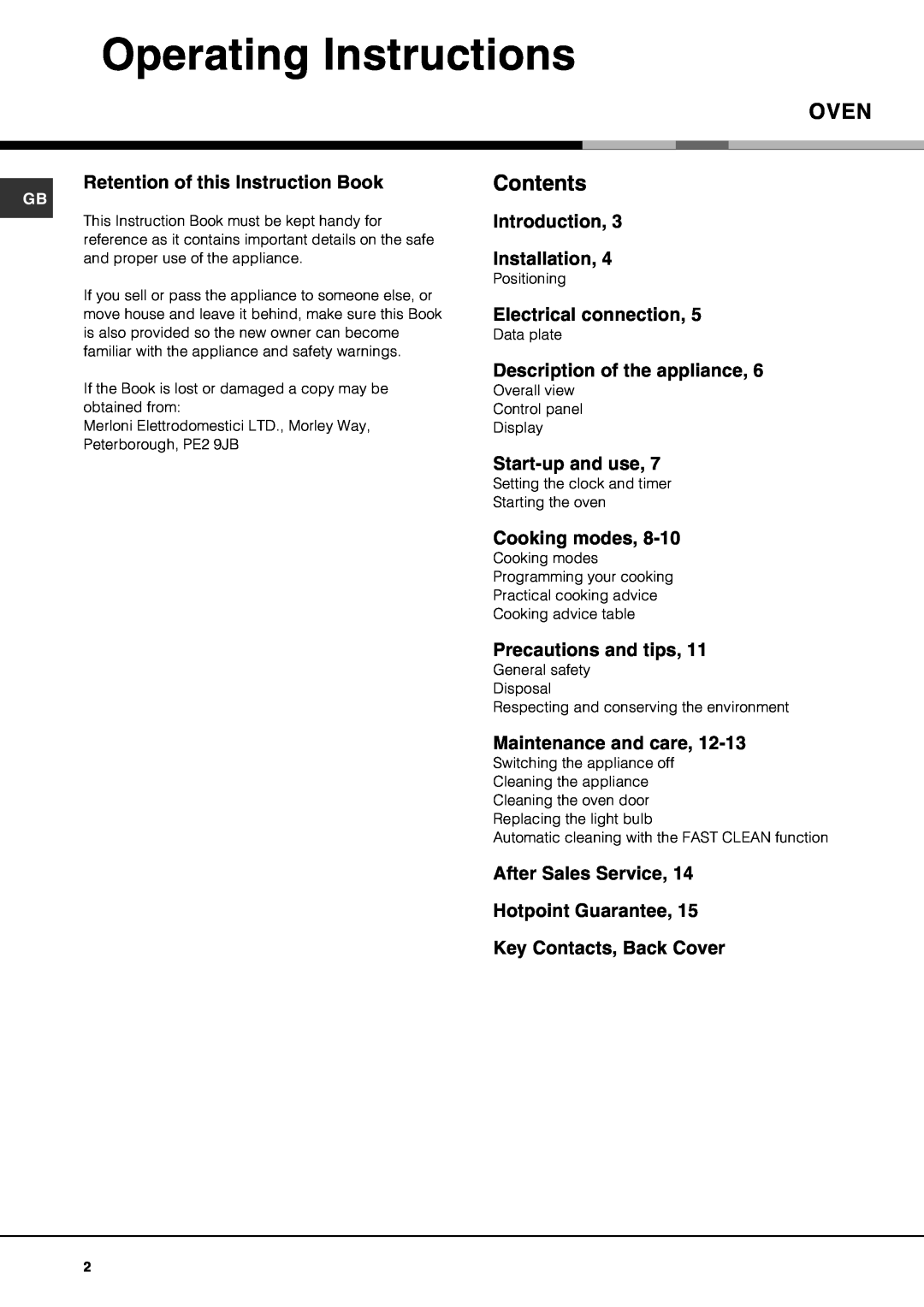 Hotpoint SE87PX Operating Instructions, Retention of this Instruction Book, Introduction Installation, Start-up and use 