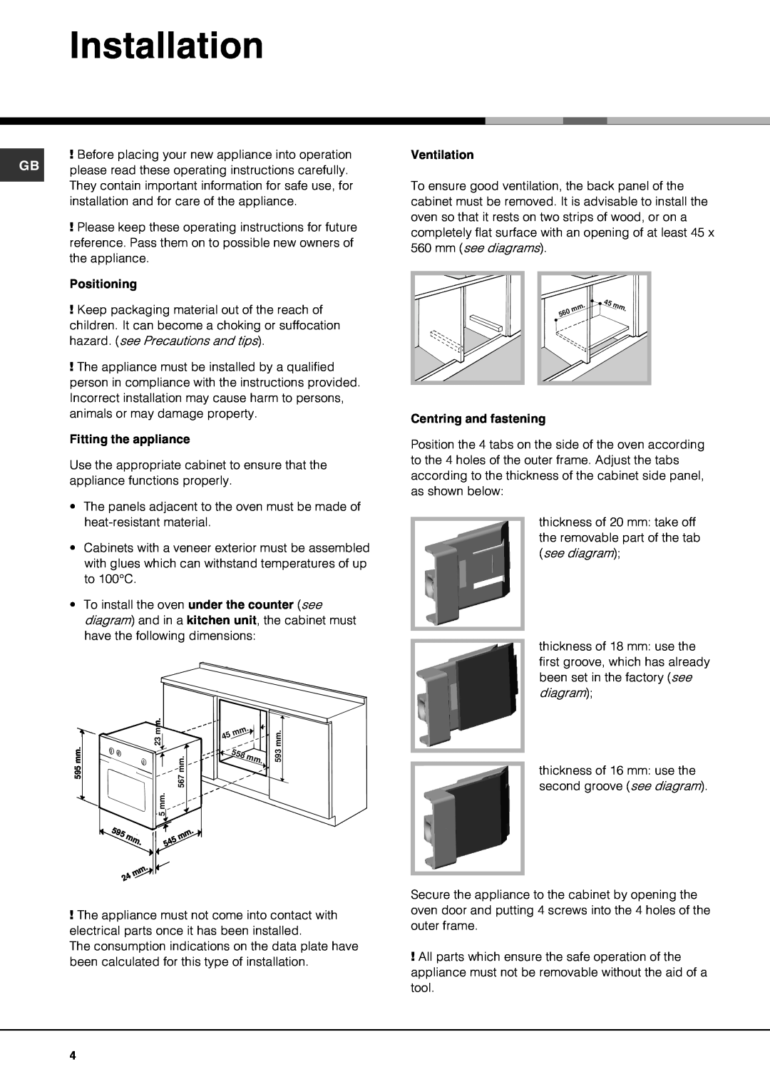 Hotpoint SE87PX manual Installation 