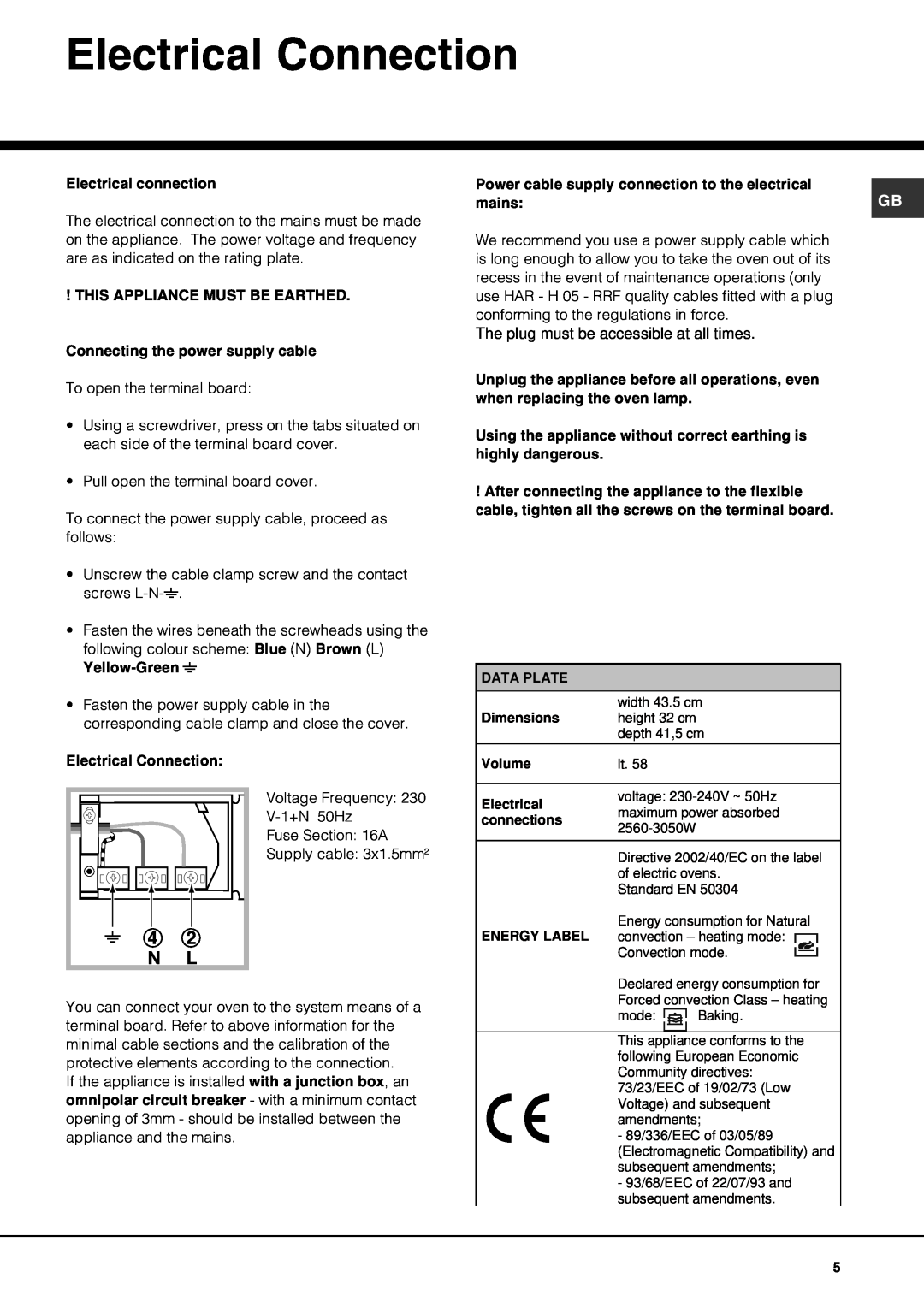 Hotpoint SE87PX manual Electrical Connection, 4 2 N L 