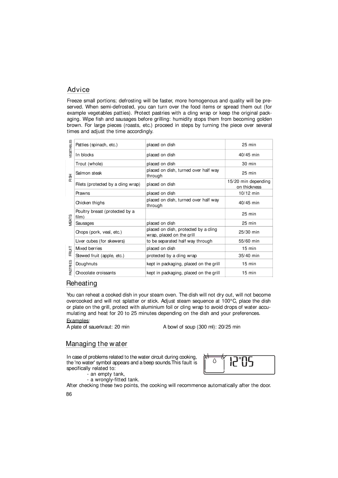 Hotpoint SEO100 manual Advice, Reheating, Managing the water 