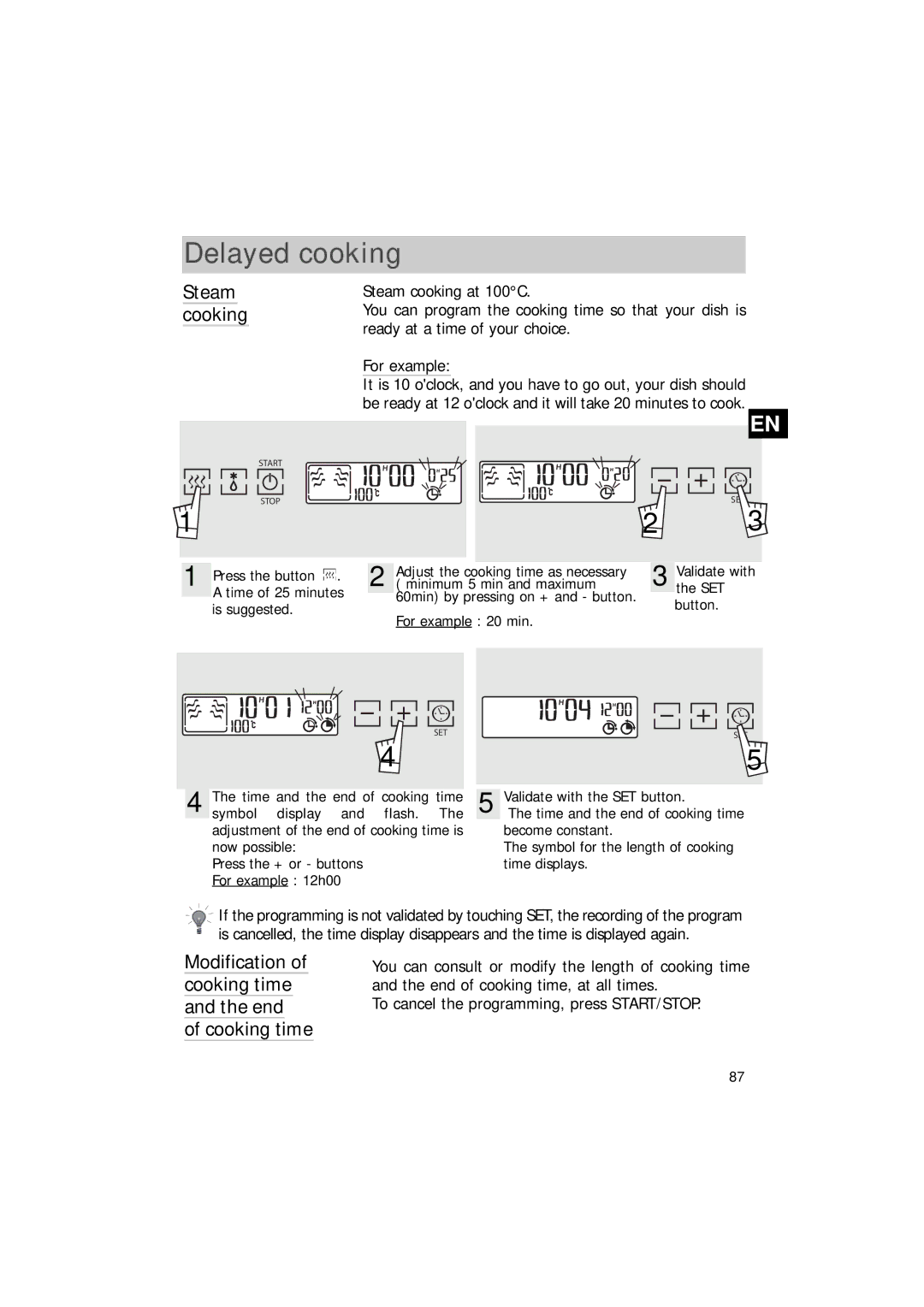 Hotpoint SEO100 manual Delayed cooking, Modification of cooking time and the end of cooking time 