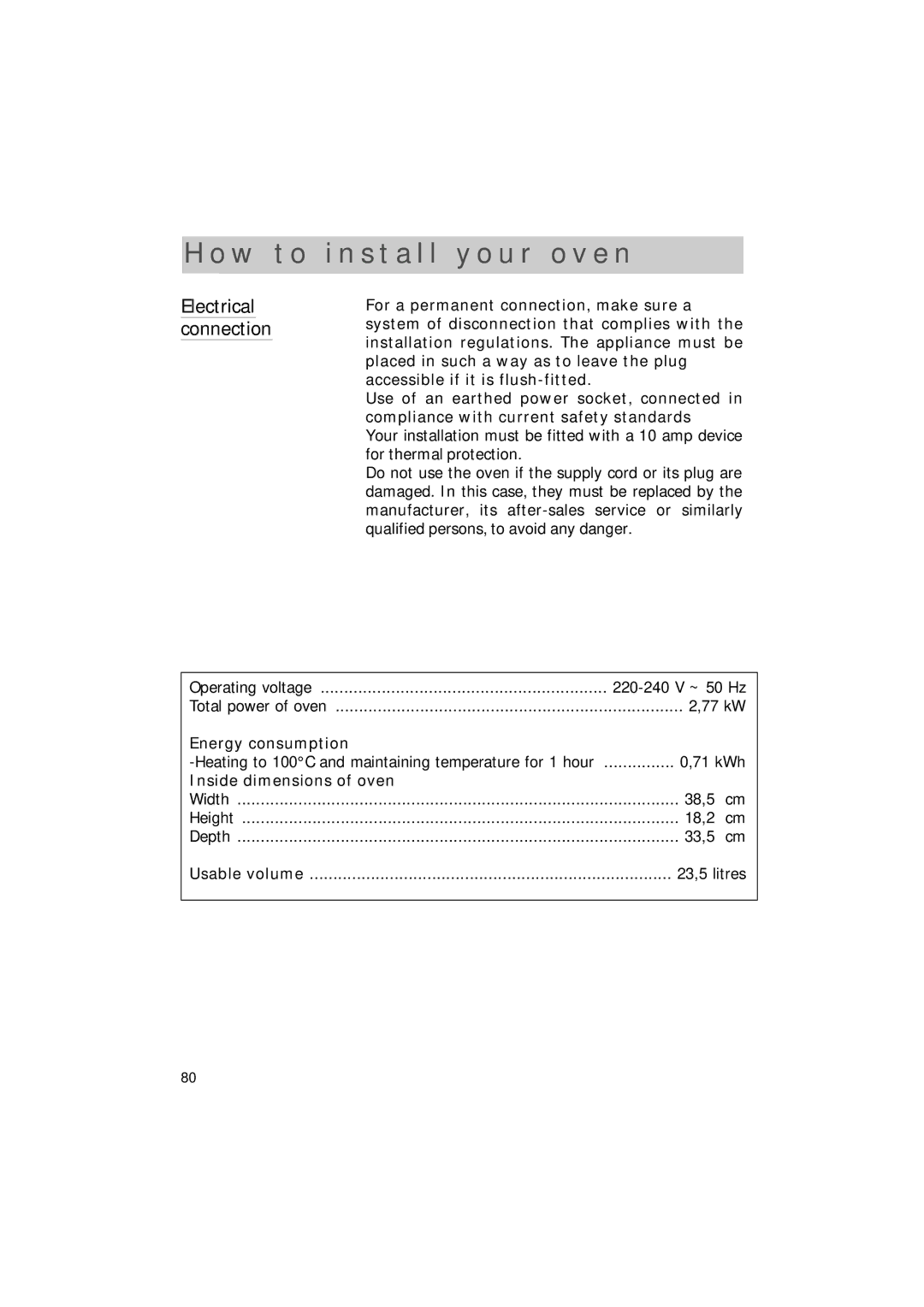 Hotpoint SEO100 manual W t o Install y o u r o v e n, Electrical connection, Energy consumption, Inside dimensions of oven 