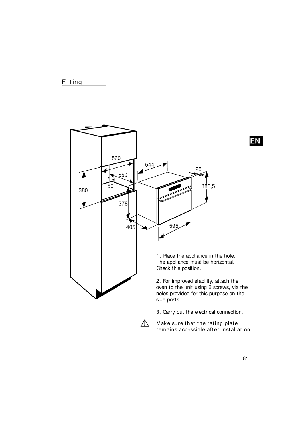 Hotpoint SEO100 manual Fitting, 560 544 550 386,5 380 378 405595 