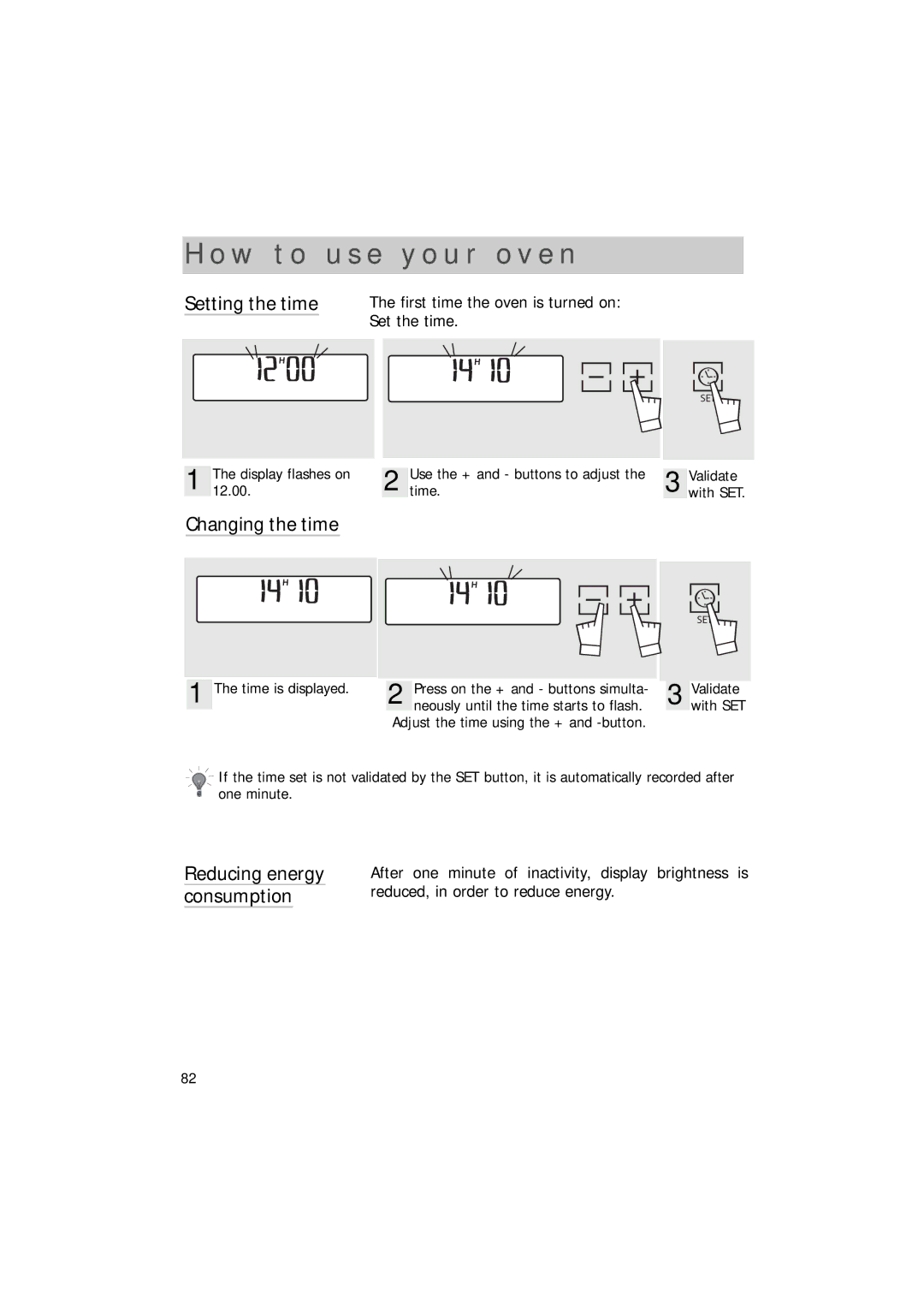 Hotpoint SEO100 manual W t o u s e y o u r o v e n, Setting the time, Changing the time, Reducing energy consumption 