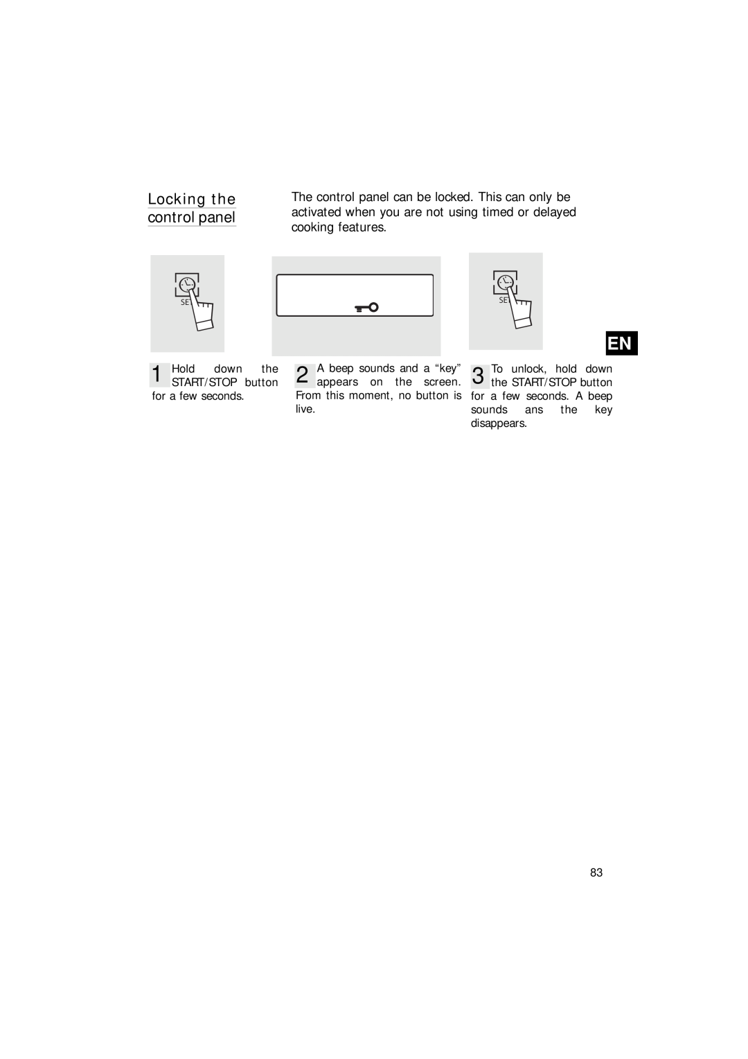 Hotpoint SEO100 manual Locking the control panel, for a few seconds, 2A beep sounds and a “key” appears on the screen 