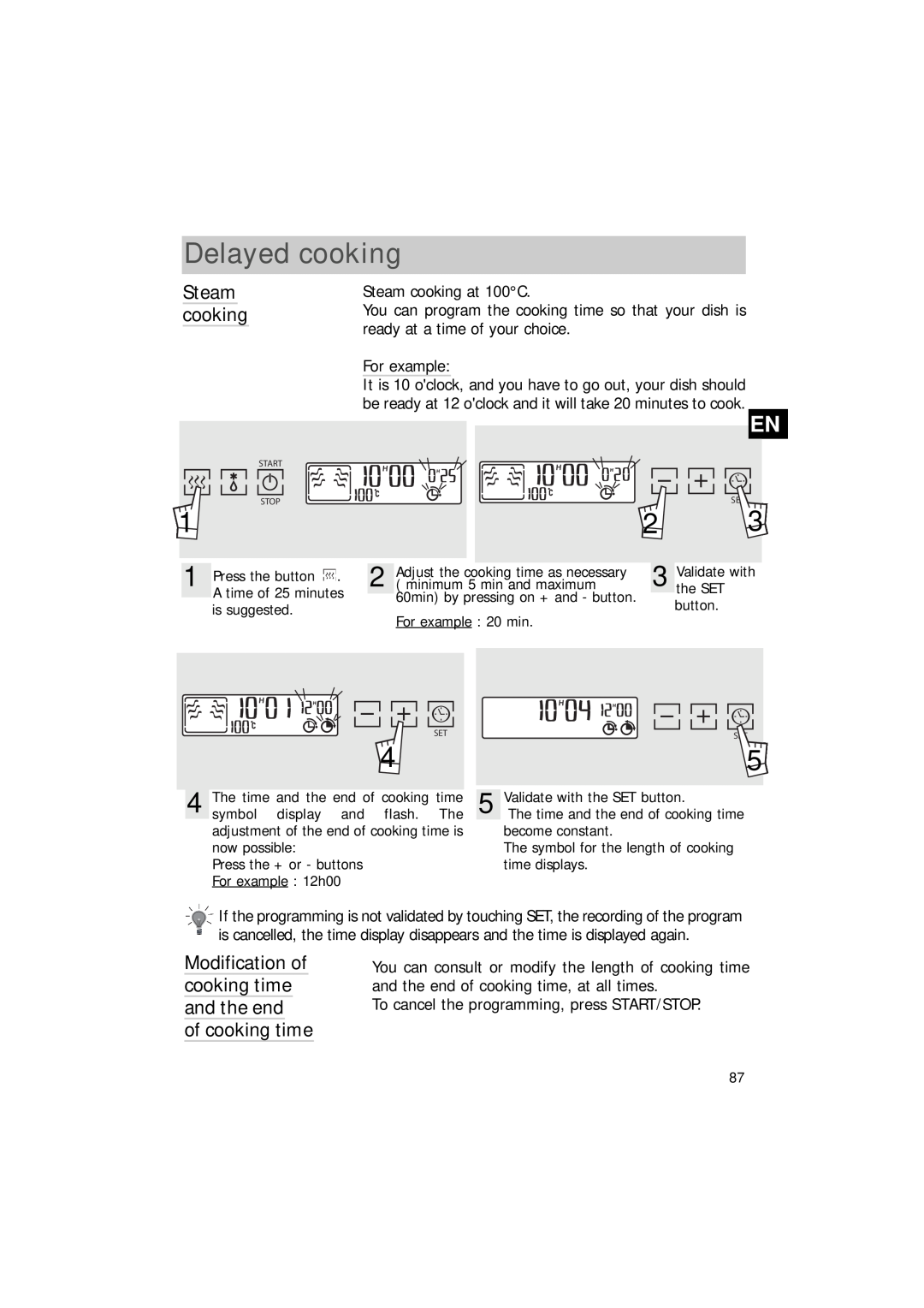 Hotpoint SEO100 manual Delayed cooking, Steam cooking 