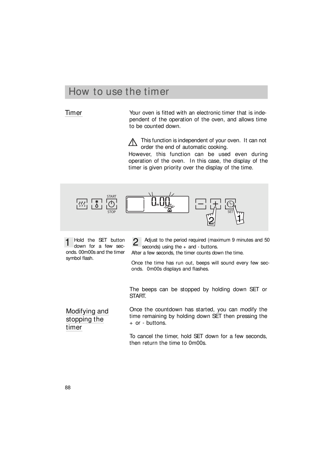 Hotpoint SEO100 manual How to use the timer, Timer, Modifying and stopping the timer 