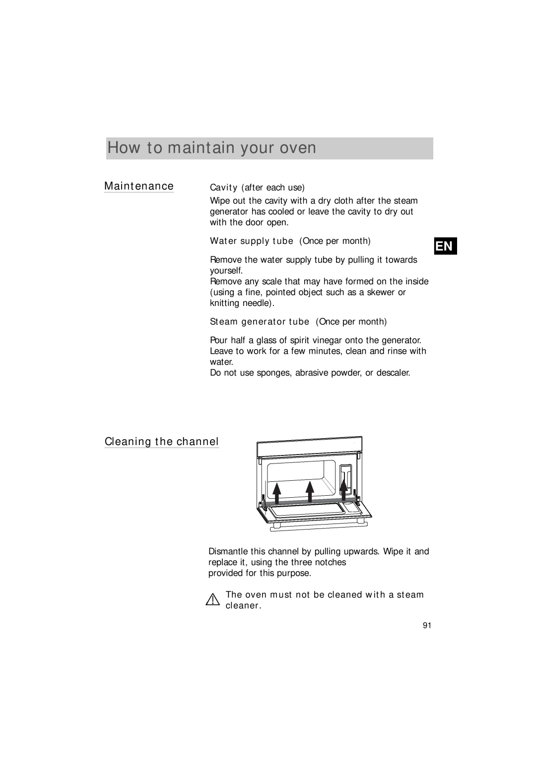 Hotpoint SEO100 manual How to maintain your oven, Maintenance, Cleaning the channel 