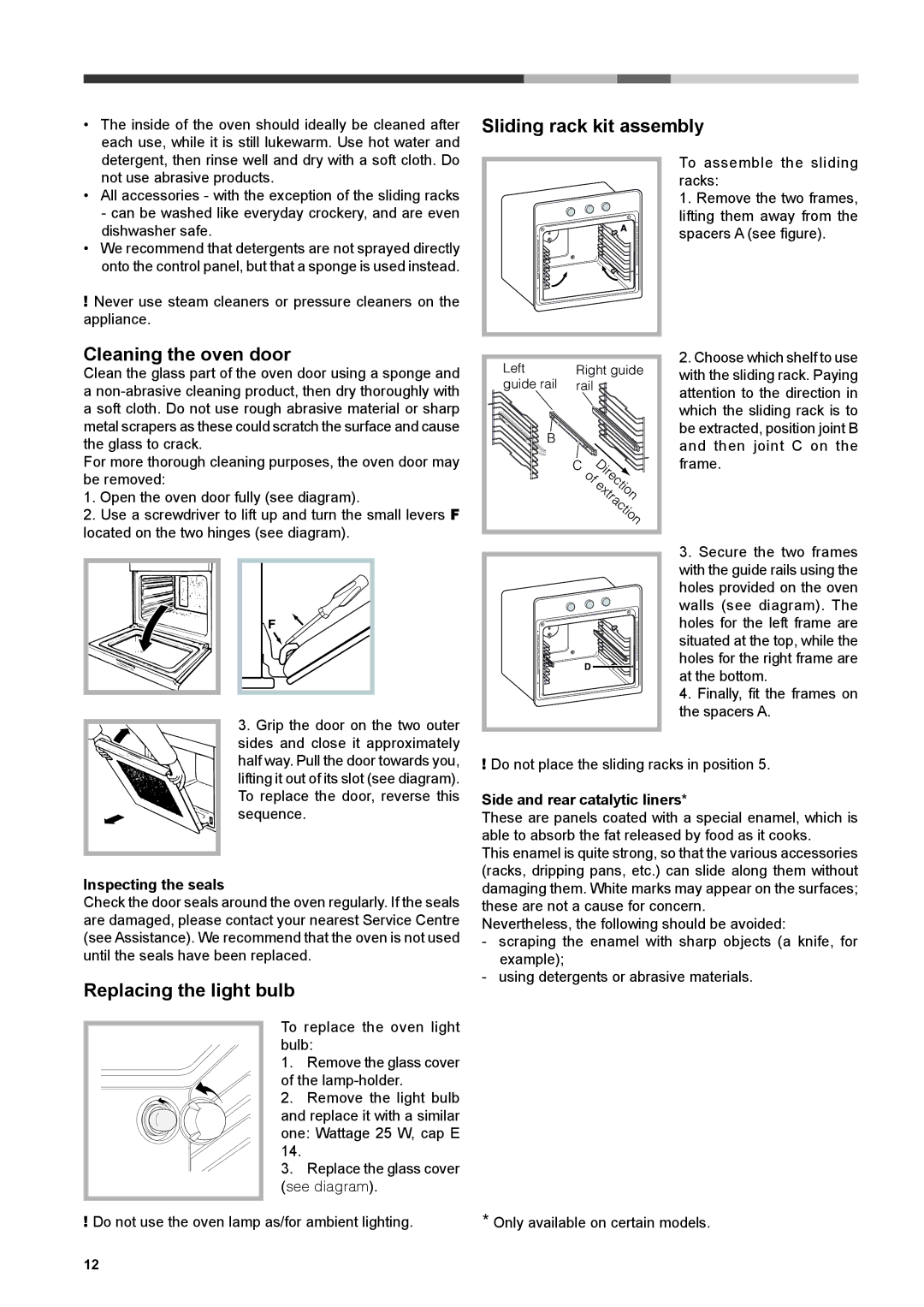 Hotpoint SH 103 CX S Sliding rack kit assembly, Cleaning the oven door, Replacing the light bulb, Inspecting the seals 