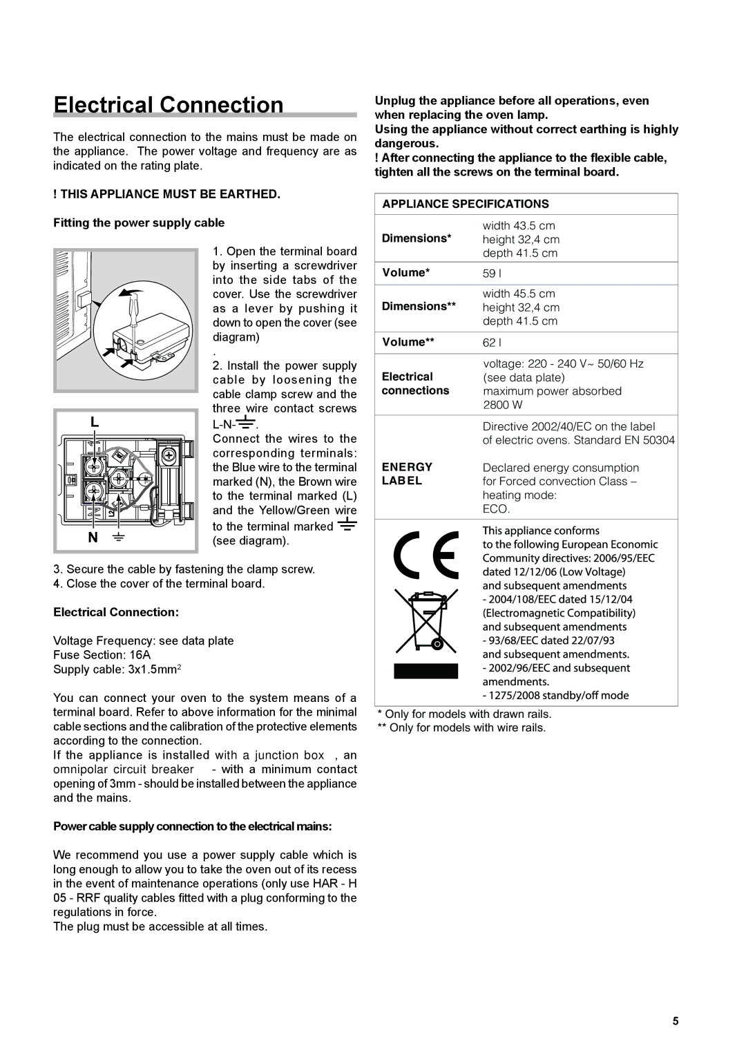 Hotpoint SH 103 CX S operating instructions Electrical Connection 