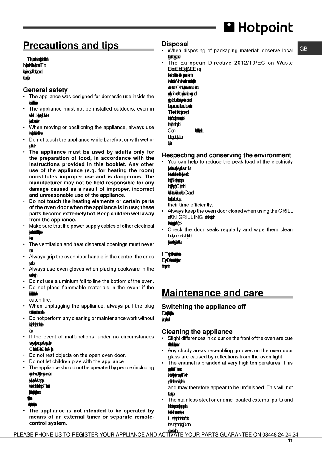 Hotpoint SH 108 CX S manual Precautions and tips, Maintenance and care 