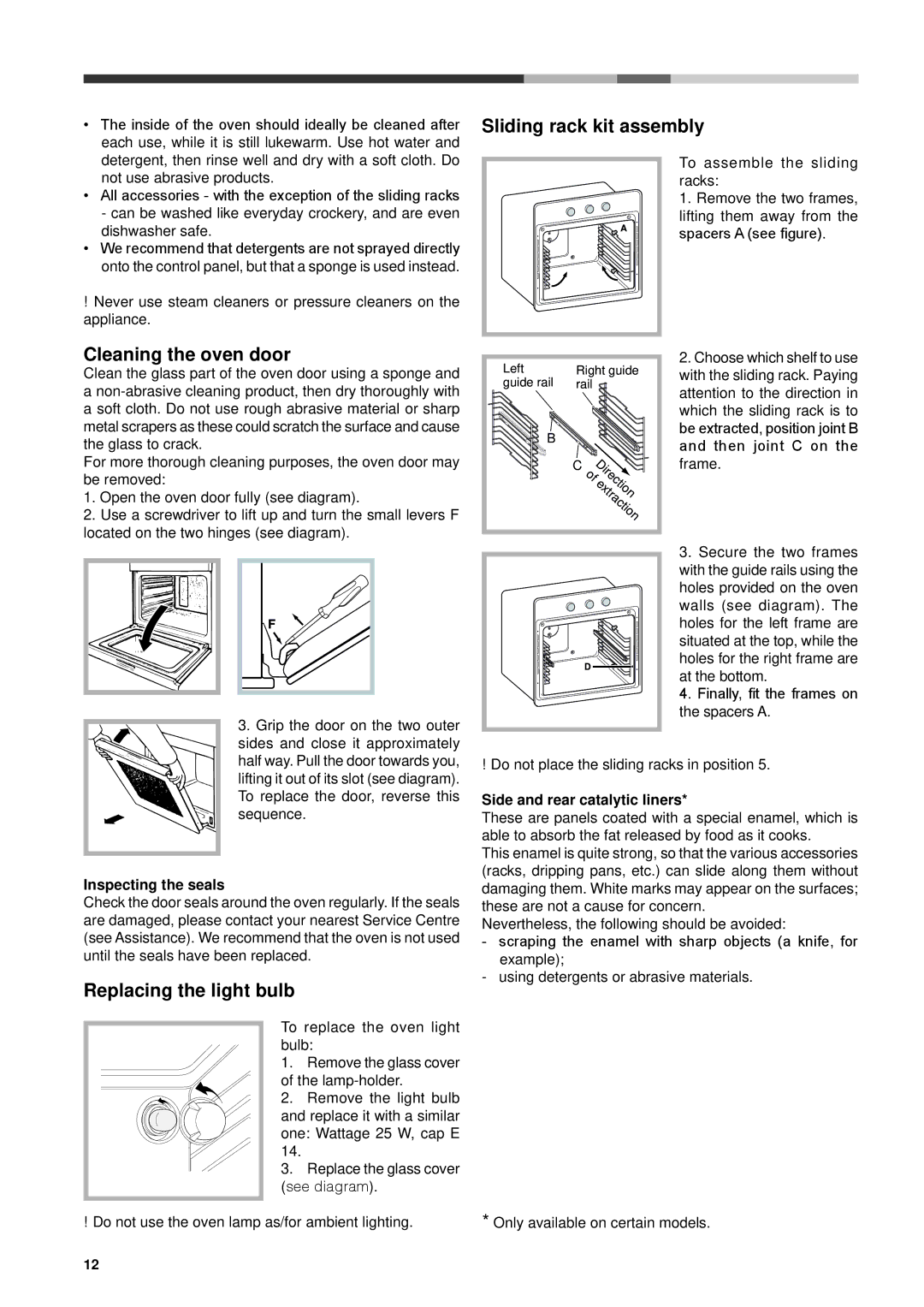 Hotpoint SH 108 CX S Sliding rack kit assembly, Cleaning the oven door, Replacing the light bulb, Inspecting the seals 