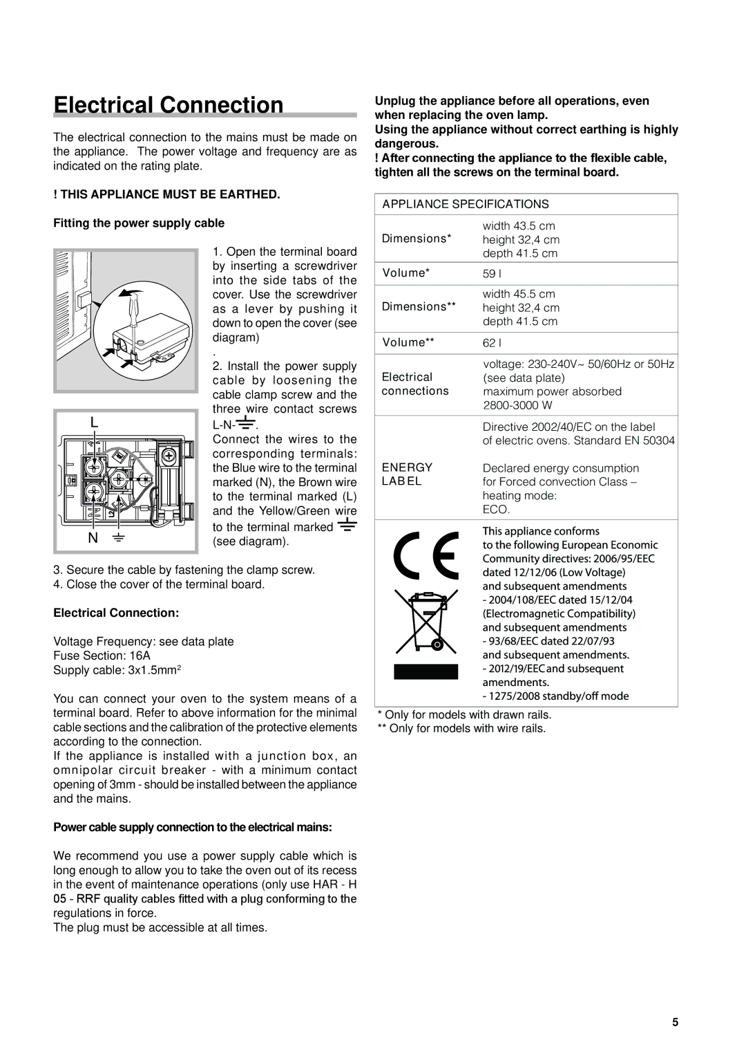 Hotpoint SH 108 CX S manual Electrical Connection 