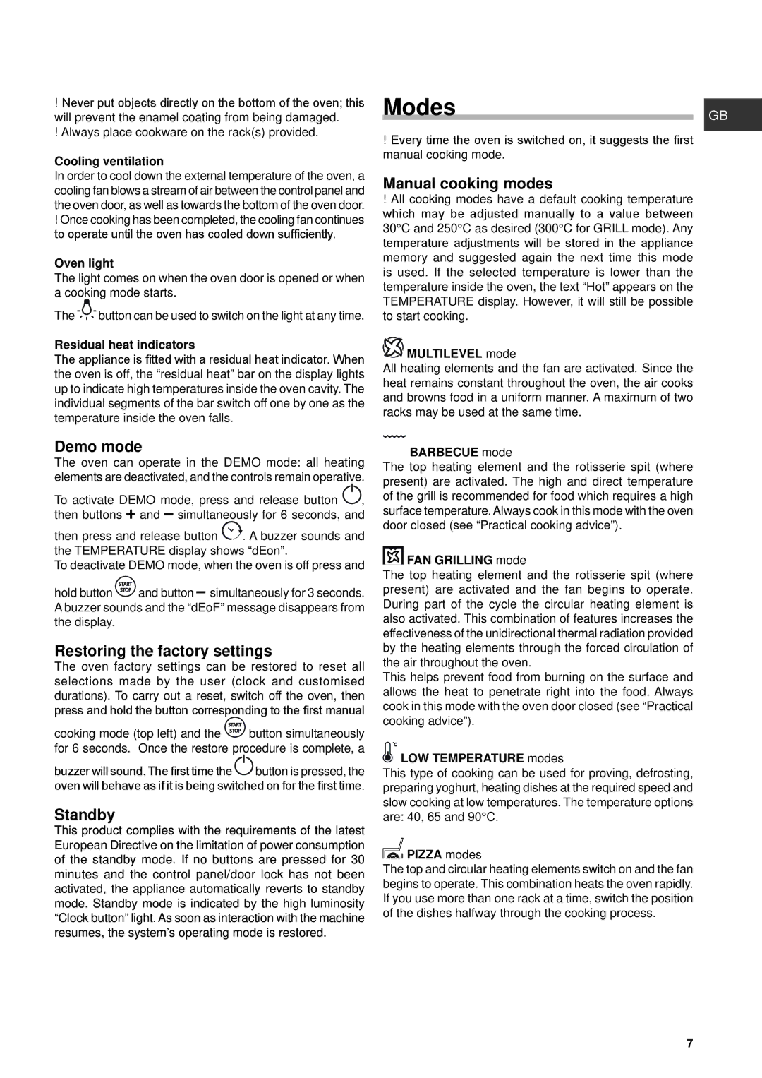 Hotpoint SH 108 CX S manual ModesGB, Demo mode, Restoring the factory settings, Standby, Manual cooking modes 