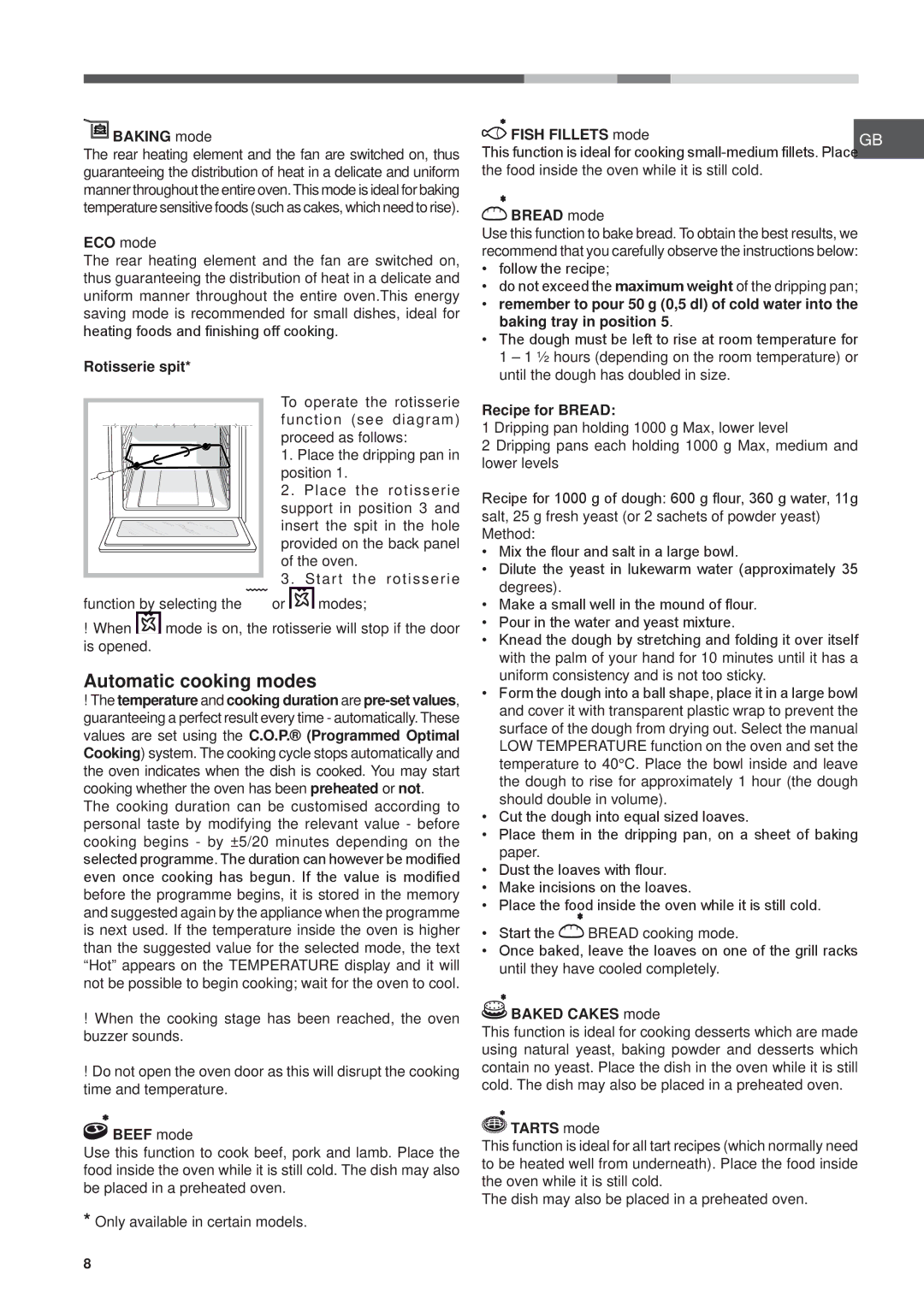 Hotpoint SH 108 CX S manual Automatic cooking modes 