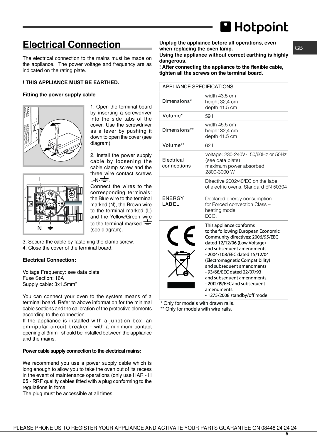 Hotpoint SH 108 CX S manual Electrical Connection 