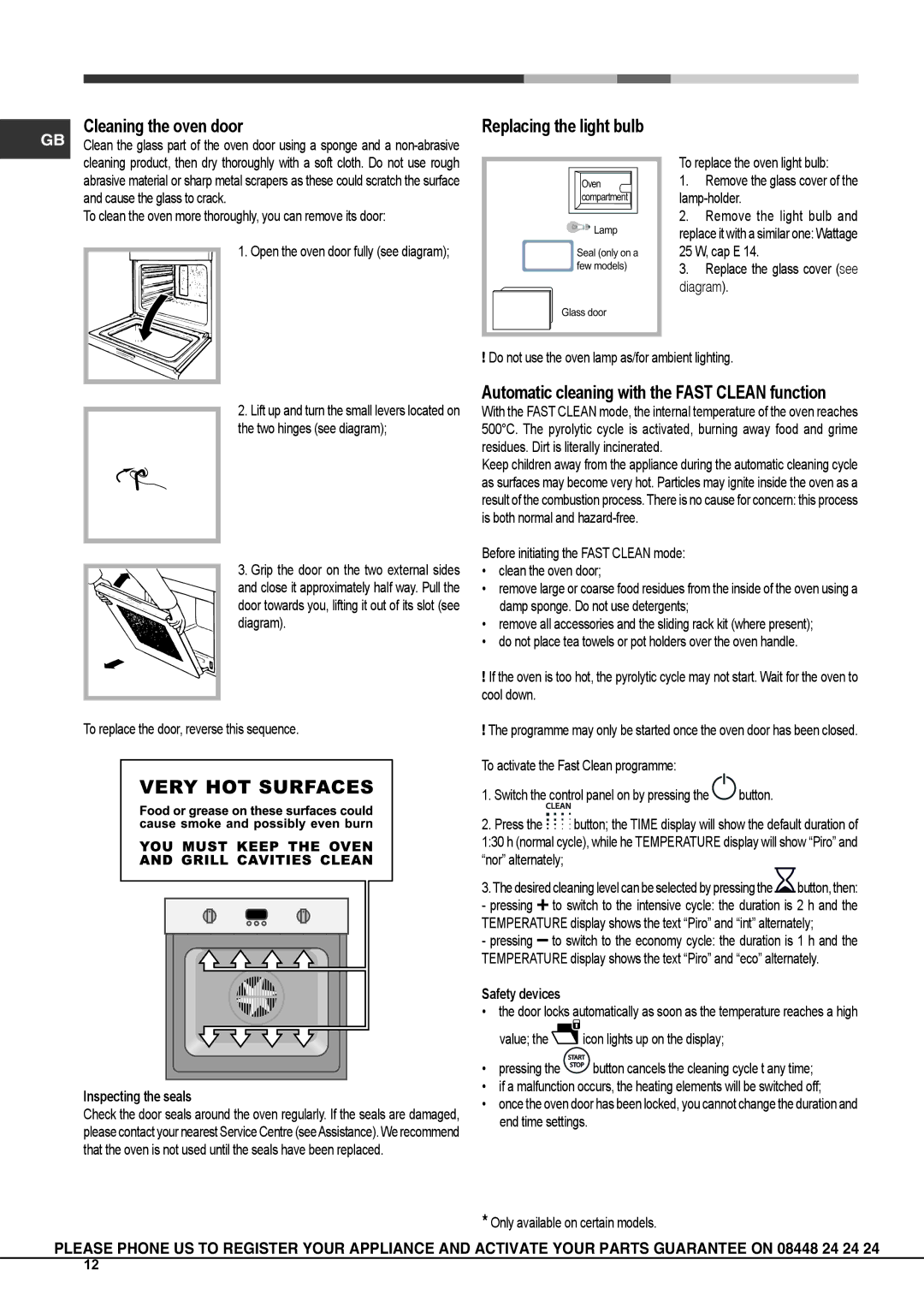 Hotpoint SH103PX S, KSO103PX S manual Cleaning the oven door, Replacing the light bulb, Inspecting the seals, Safety devices 