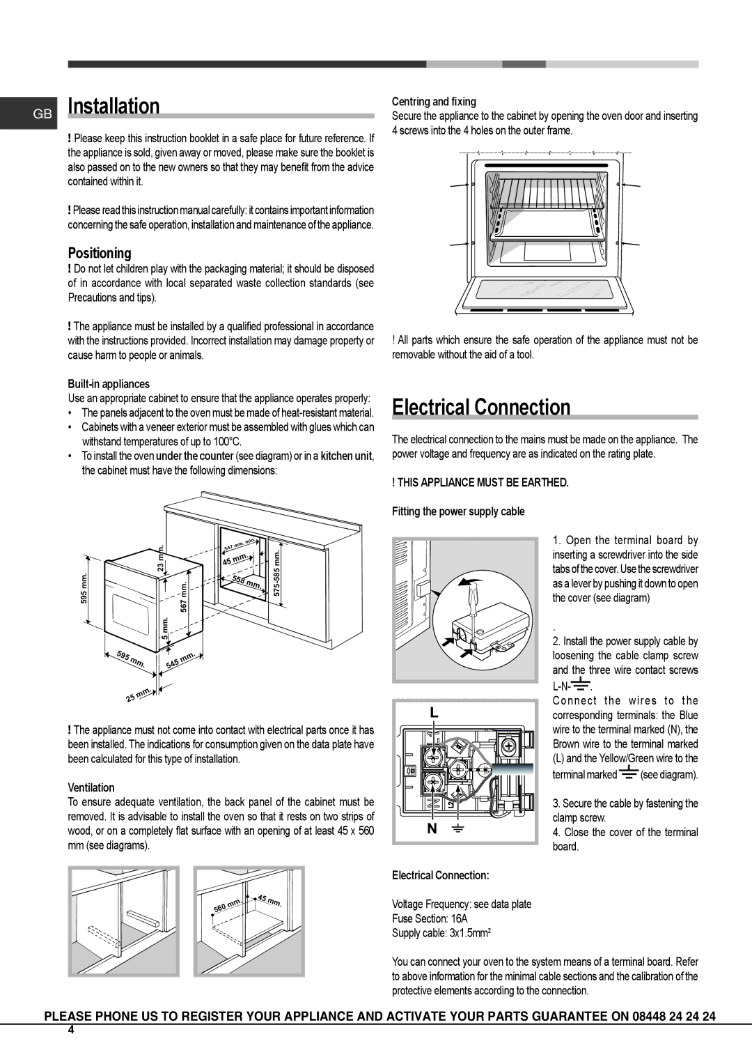 Hotpoint SH103PX S, KSO103PX S manual GB Installation, Electrical Connection, Positioning 