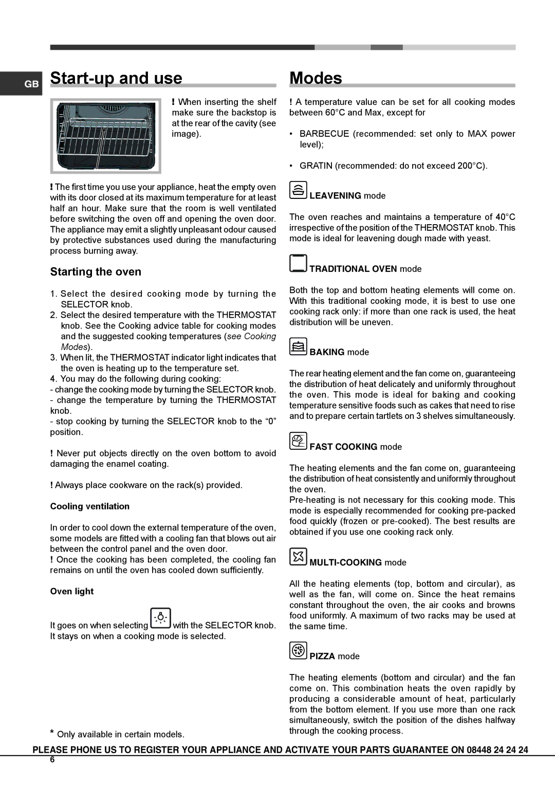 Hotpoint SH83CX S, SH83K S manual GB Start-up and use, Modes, Starting the oven, Cooling ventilation, Oven light 