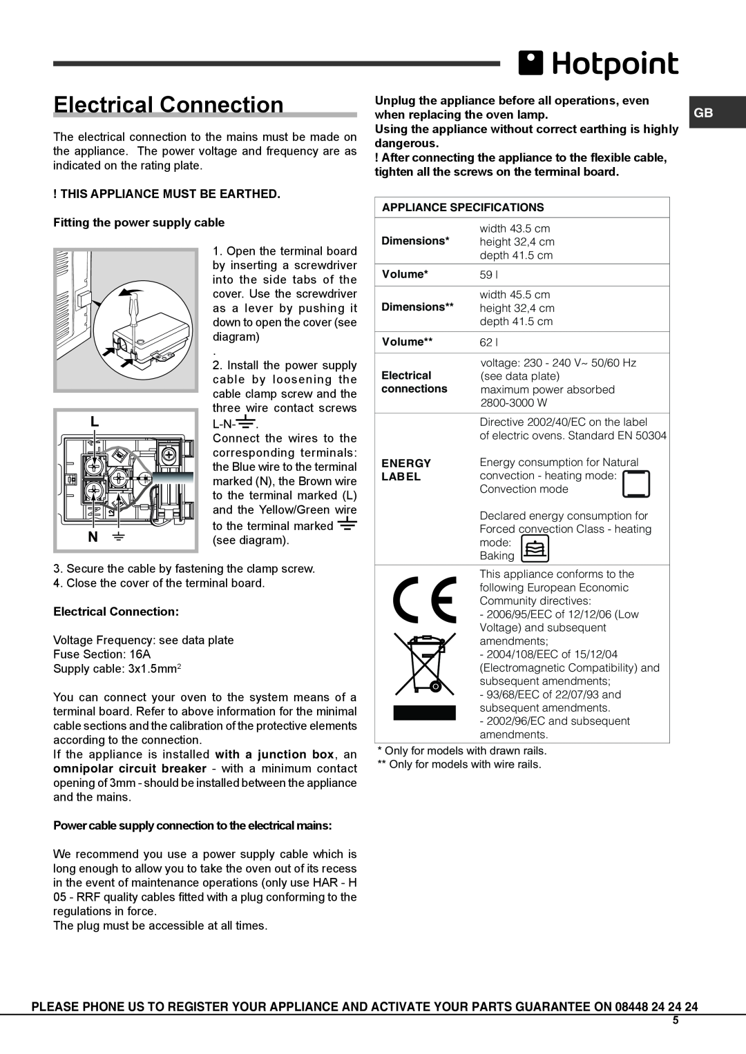 Hotpoint SH83K S, SH83CX S manual Electrical Connection 