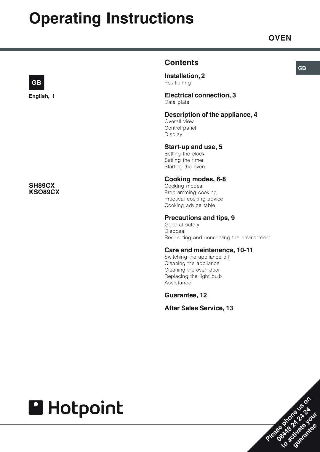 Hotpoint SH89CXKS089CX manual Operating Instructions, Oven 