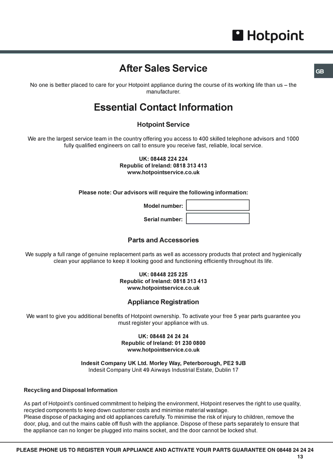 Hotpoint SH89CXKS089CX manual Hotpoint Service, Parts and Accessories, Appliance Registration 