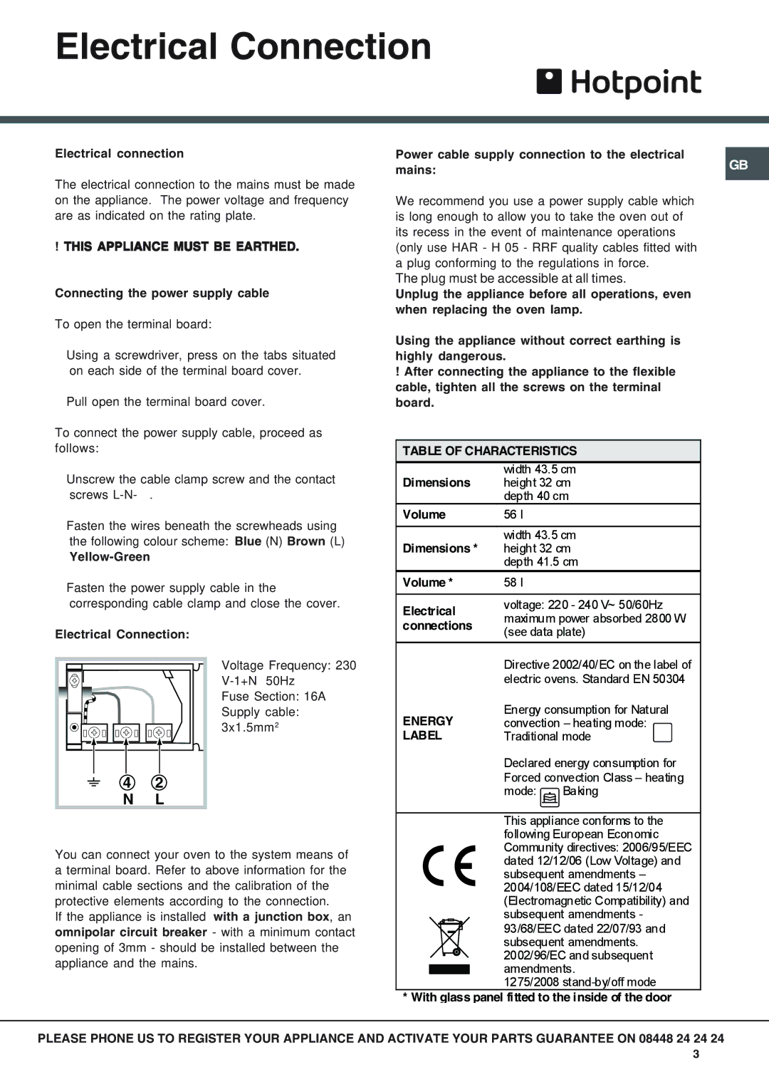 Hotpoint SH89CXKS089CX manual Electrical Connection 