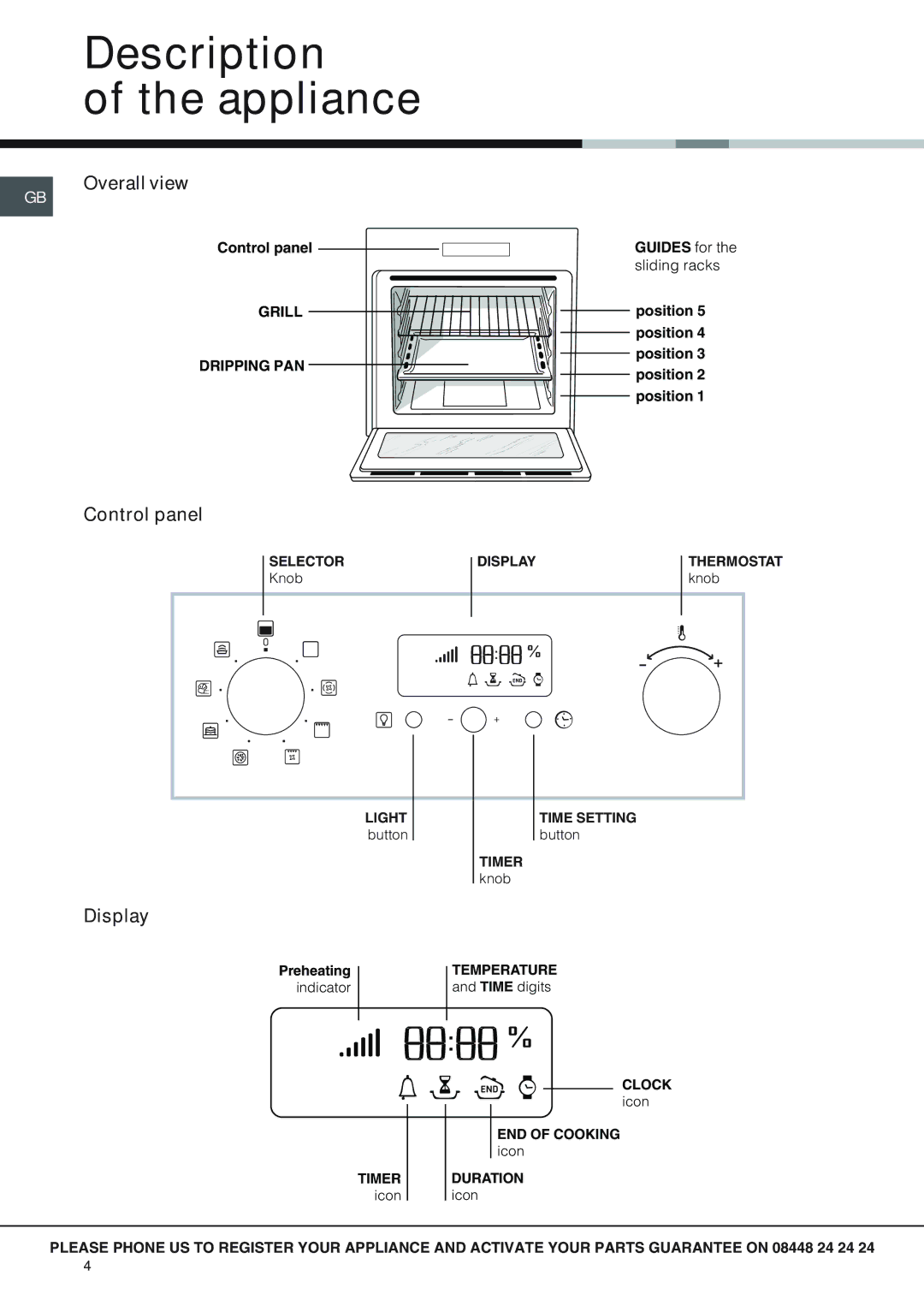 Hotpoint SH89CXKS089CX manual Description Appliance, Overall view, Control panel, Display 