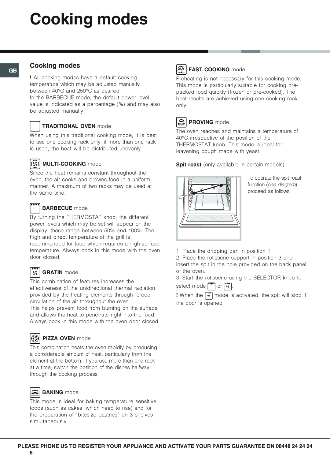 Hotpoint SH89CXKS089CX manual Cooking modes 