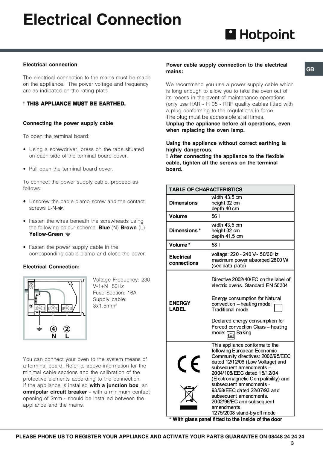 Hotpoint SH89CXKS089CX Electrical Connection, 4 2 N L, Electrical connection, Yellow-Green , Table Of Characteristics 