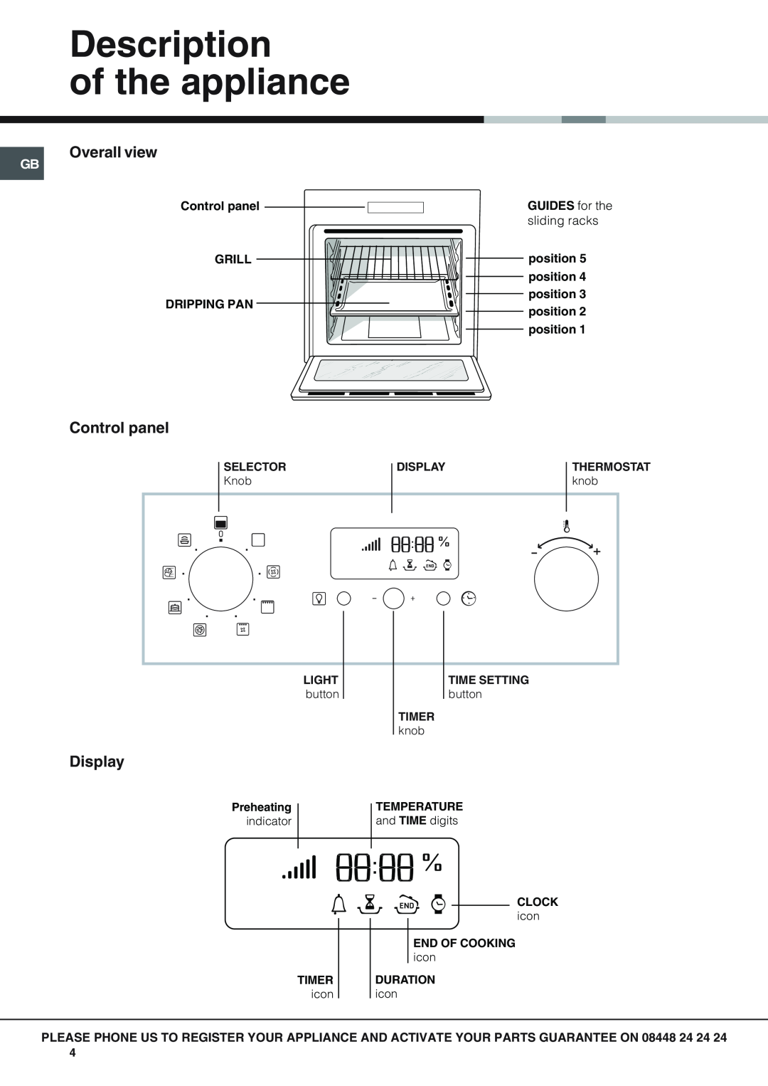 Hotpoint SH89CXKS089CX manual Description of the appliance, Overall view, Control panel, Display 