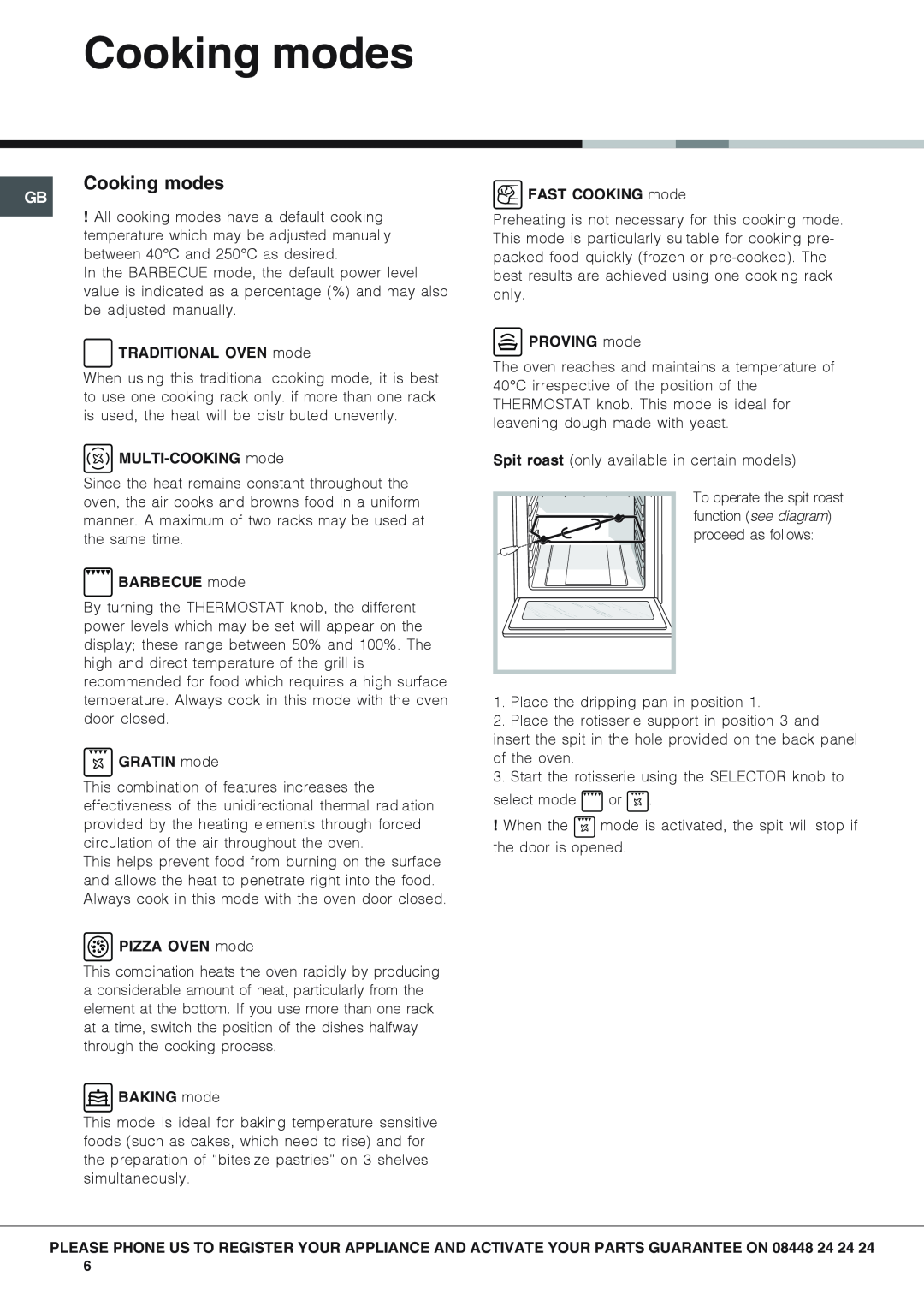Hotpoint SH89CXKS089CX Cooking modes, TRADITIONAL OVEN mode, MULTI-COOKING mode, BARBECUE mode, GRATIN mode, BAKING mode 