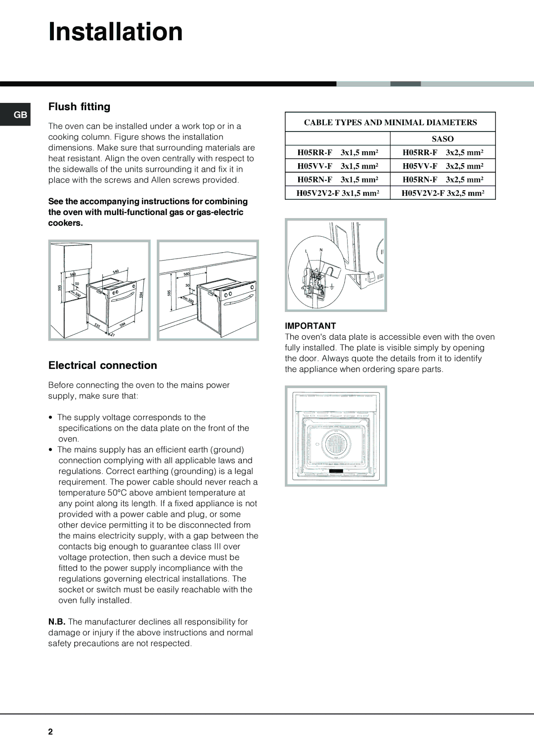 Hotpoint SHL532X manual Installation, Flush fitting, Electrical connection 