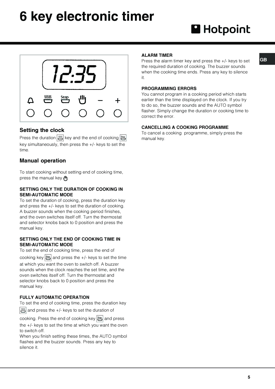 Hotpoint SHL532X manual Key electronic timer, Setting the clock, Manual operation 