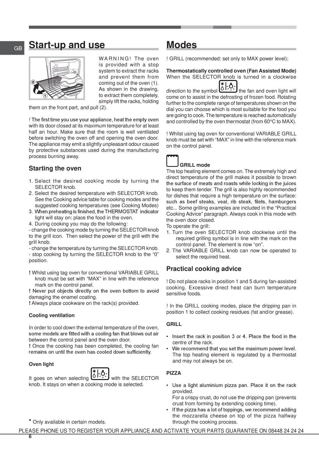 Hotpoint KSO33CX S, SHS33XK S, SH33K S, SH33W S, SD33 GB Start-up and use, Modes, Starting the oven, Practical cooking advice 