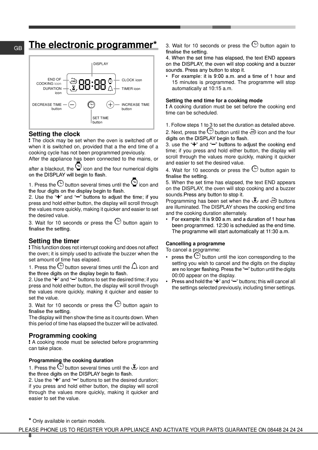 Hotpoint SHS33CX S, SHS33XK S, SD33 GB The electronic programmer, Setting the clock, Setting the timer, Programming cooking 