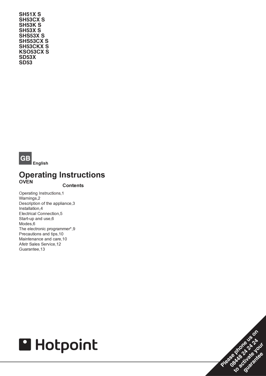 Hotpoint SH53CKX S, SHS53CX S, KSO53CX S, SHS53X S, SH53CX S, SD53 operating instructions Operating Instructions, OVENContents 