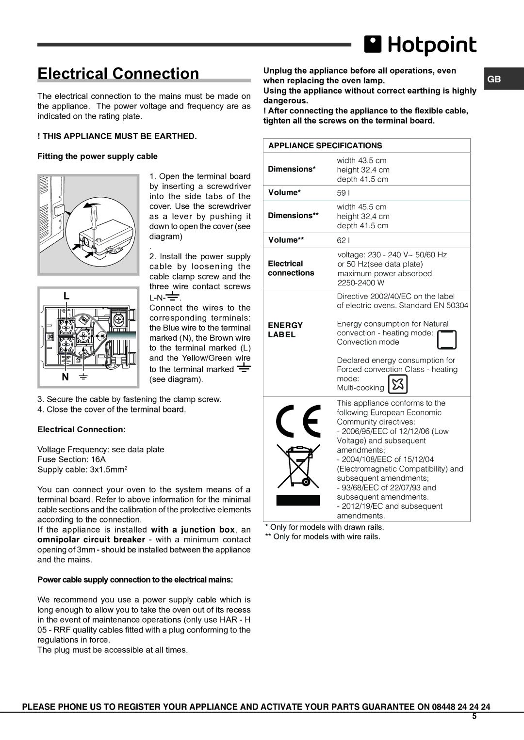 Hotpoint SH53X S, SHS53CX S, SH53CKX S, KSO53CX S, SHS53X S, SH53CX S, SH53K S, SH51X S, SD53X Electrical Connection 