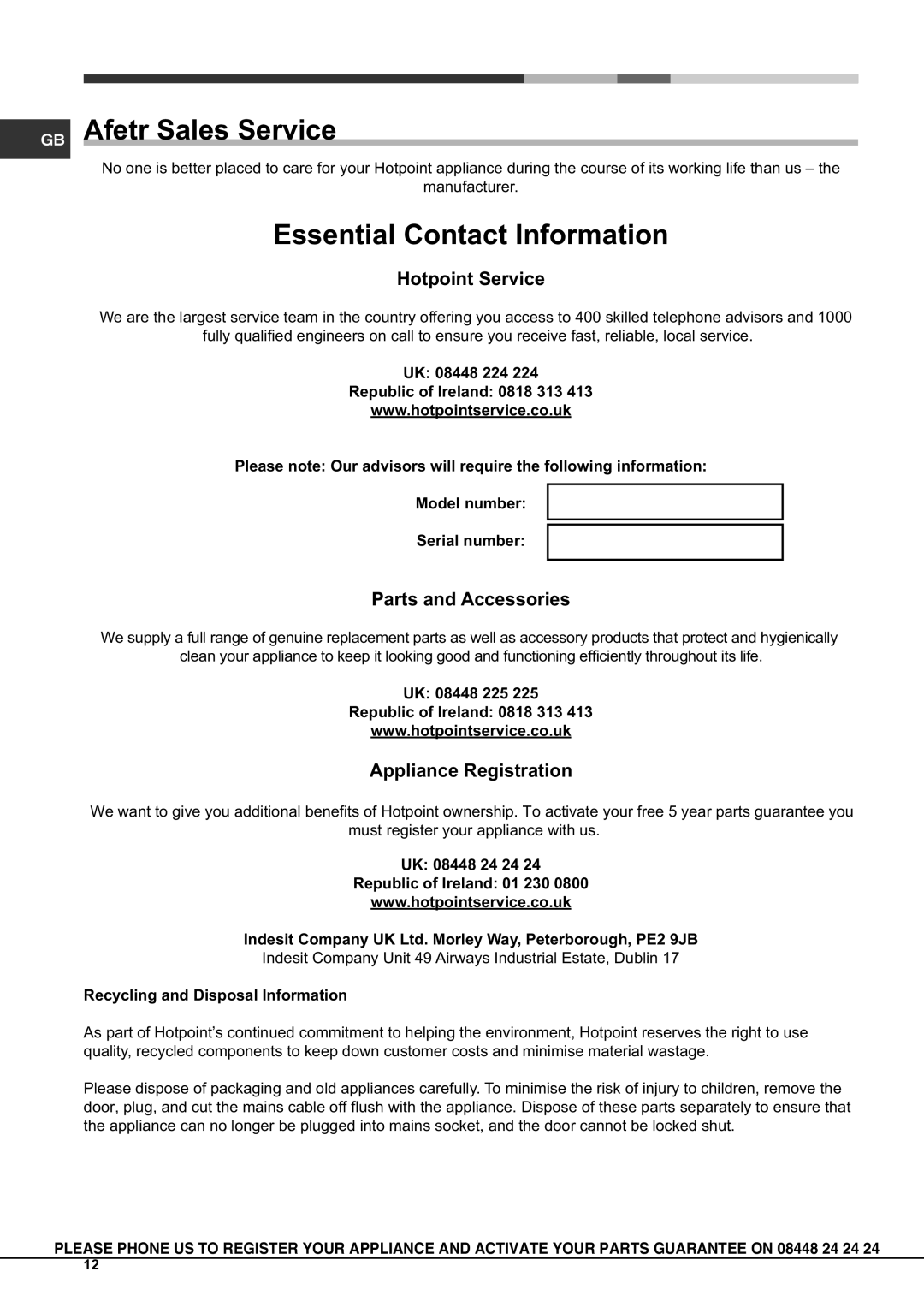 Hotpoint KSO53CX S, SH53X S GB Afetr Sales Service, Essential Contact Information, Hotpoint Service, Parts and Accessories 