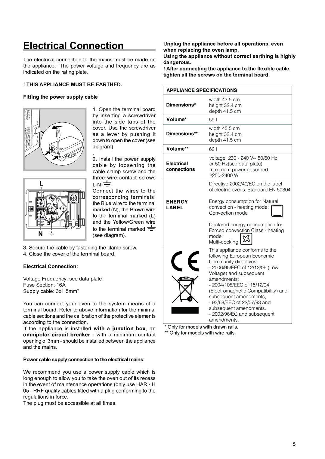 Hotpoint SH53X S, SHS53CX S, SH53CKX S, KSO53CX S, SHS53X S, SH53CX S, SH53K S, SH51X S, SD53X manual Electrical Connection 