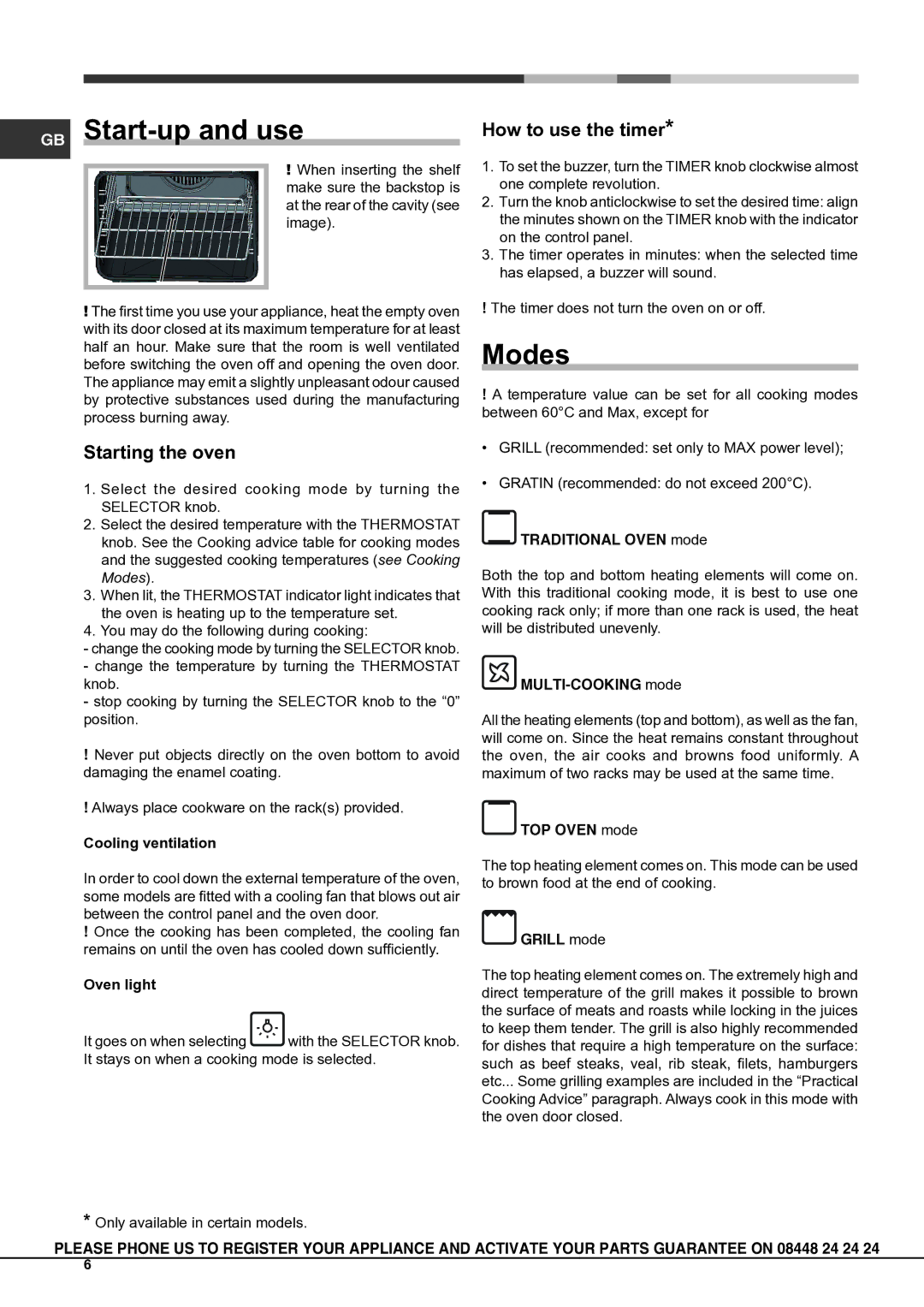 Hotpoint SH53K S, SHS53CX S, SH53CKX S, KSO53CX S, SD53X GB Start-up and use, Modes, How to use the timer, Starting the oven 