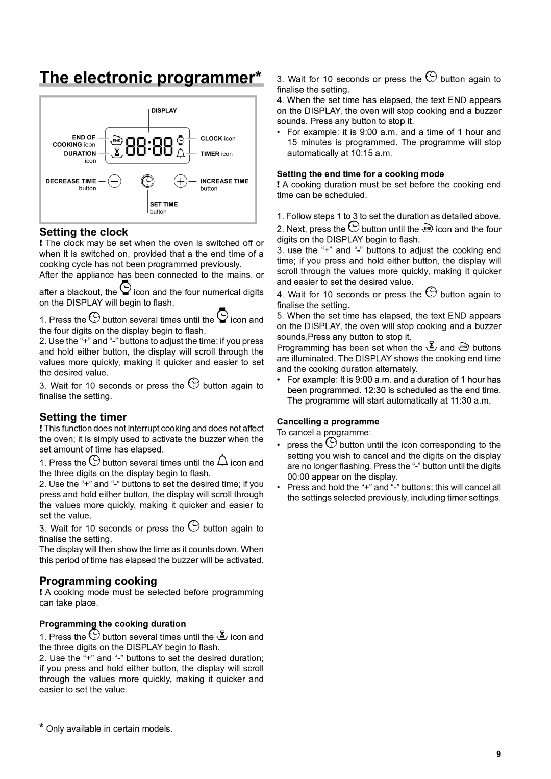 Hotpoint SHS53CX S, SH53CKX S, SD53X Electronic programmer, Setting the clock, Setting the timer, Programming cooking 