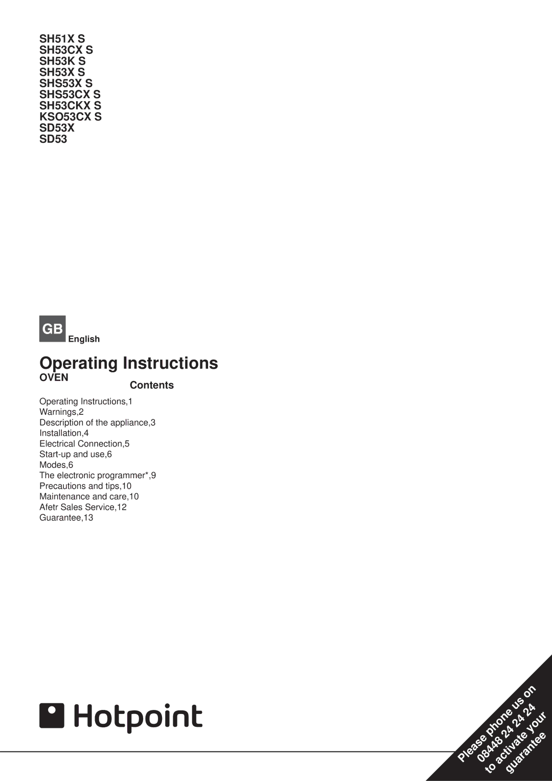 Hotpoint SH53CKX S, SHS53CX S, SD53X SD53, KSO53CX S manual Operating Instructions, OVENContents 