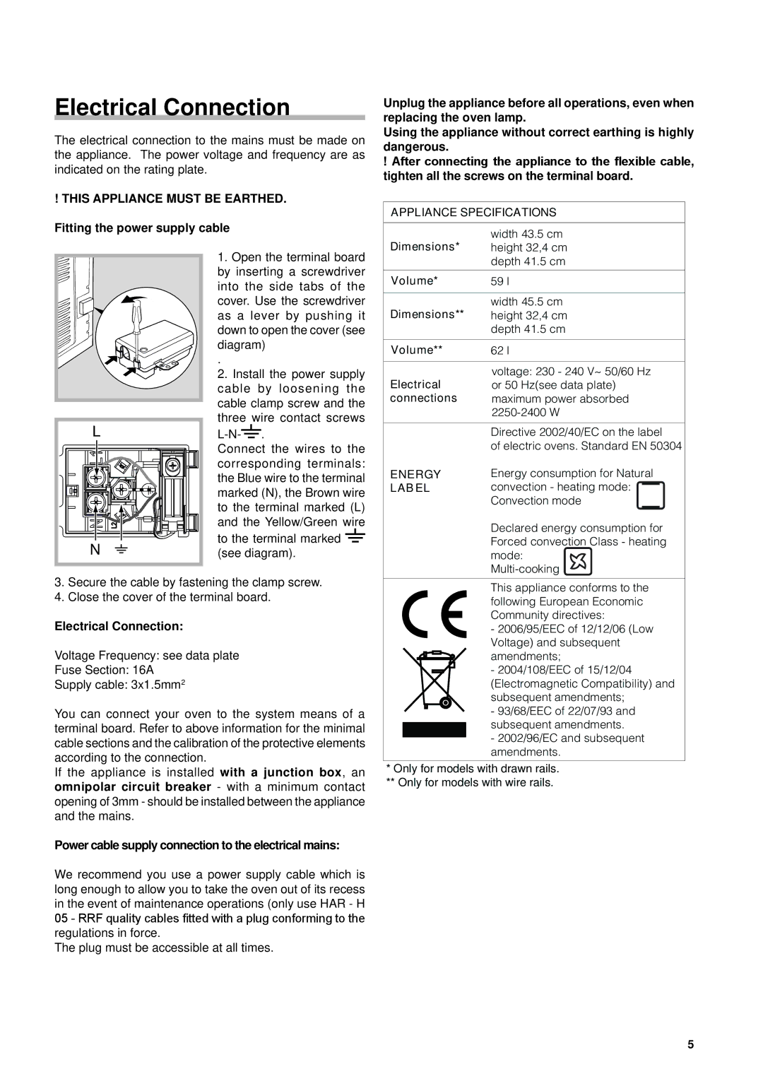 Hotpoint SHS53CX S, SH53CKX S, SD53X SD53, KSO53CX S, SH51X S SH53CX S SH53K S SH53X S SHS53X S manual Electrical Connection 