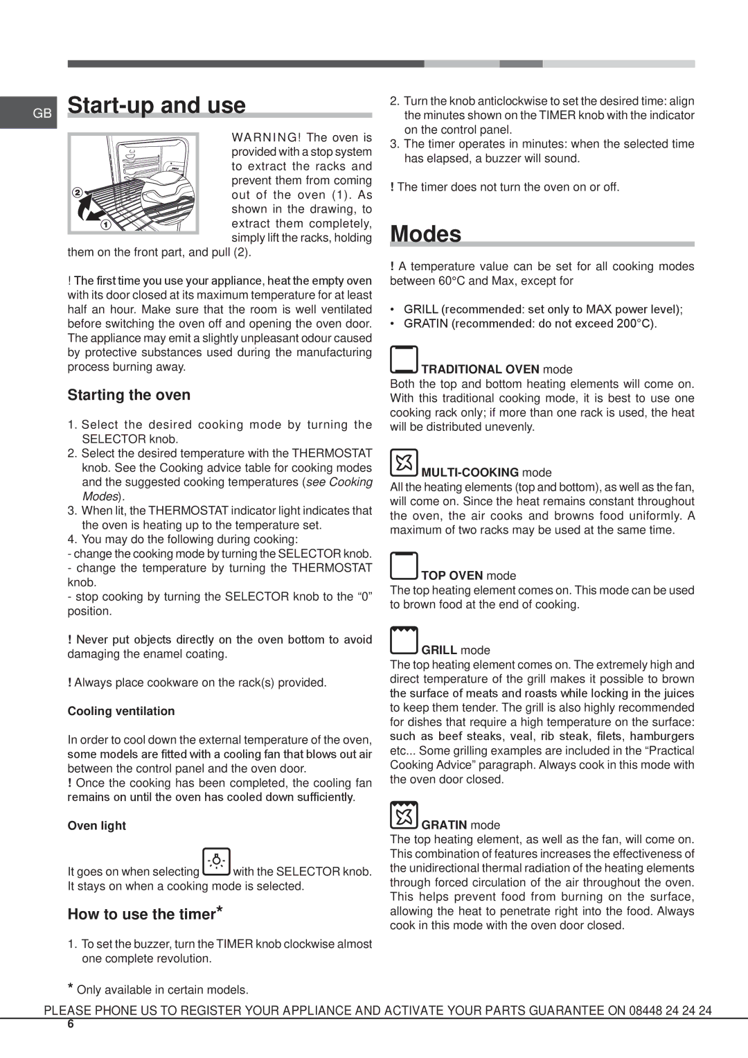 Hotpoint SH53CKX S, SHS53CX S, SD53X SD53, KSO53CX S GB Start-up and use, Modes, Starting the oven, How to use the timer 